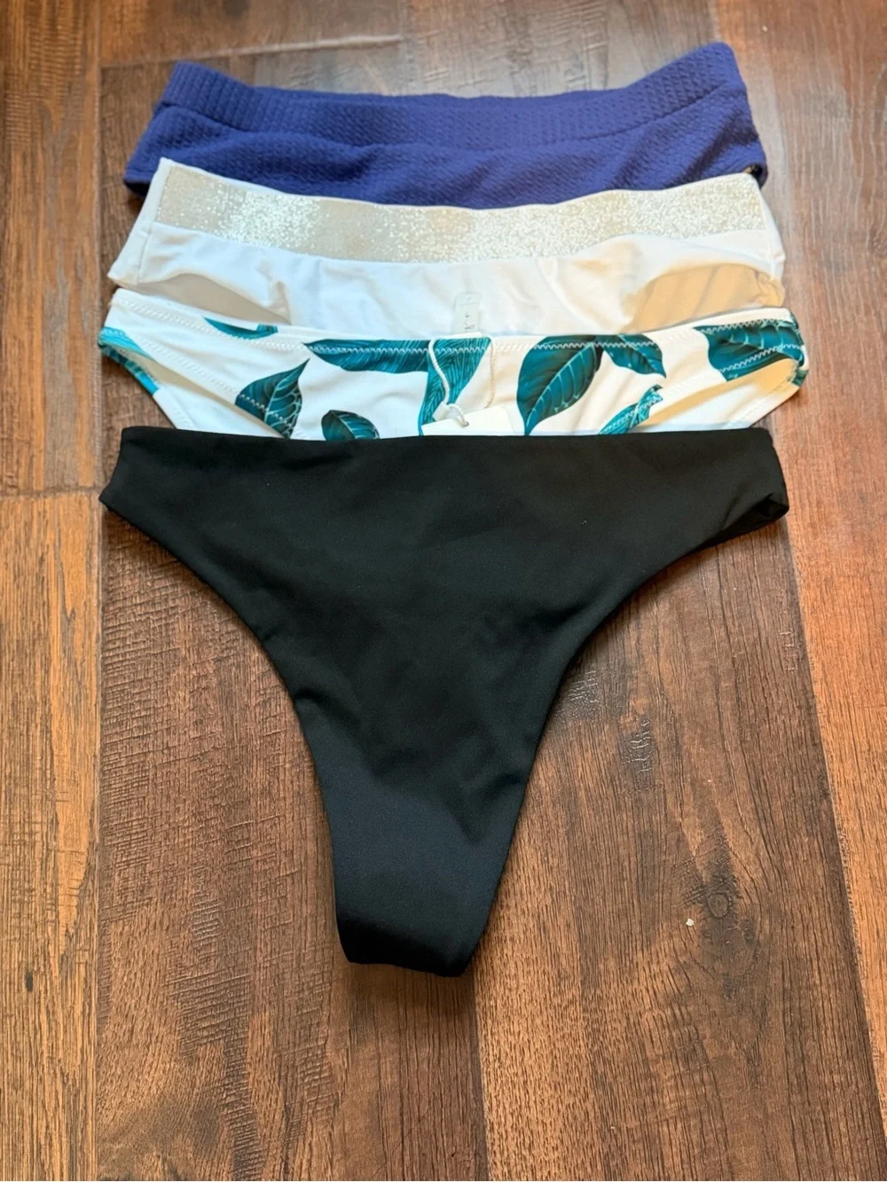 Set of 4 Bikini Bottoms - Black, White, Teal Leaf, Purple